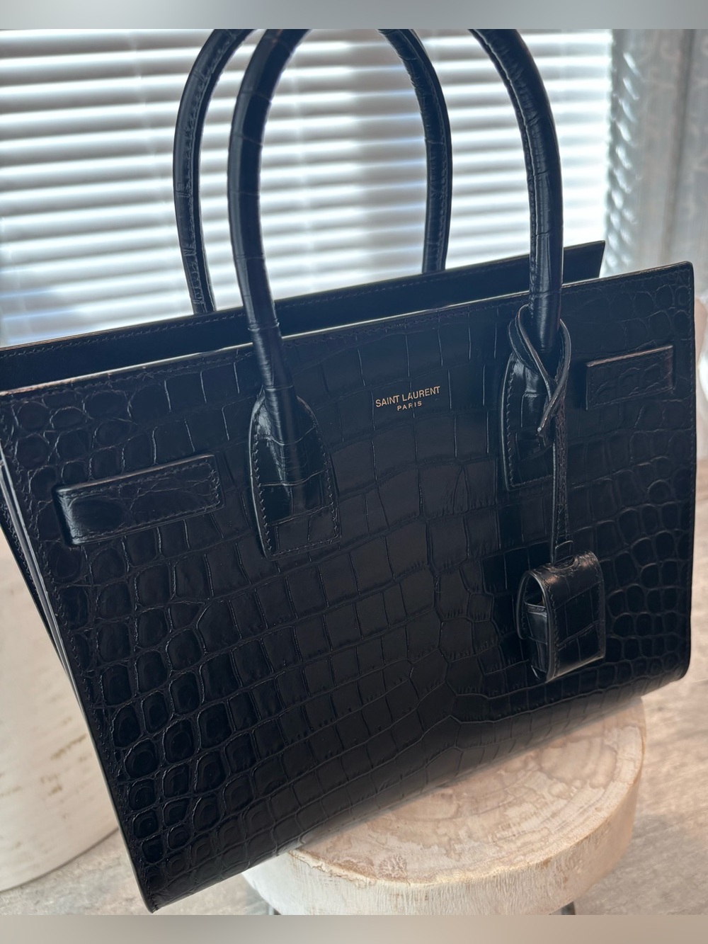 Saint Laurent Black Croc-Embossed Top-Handle Tote